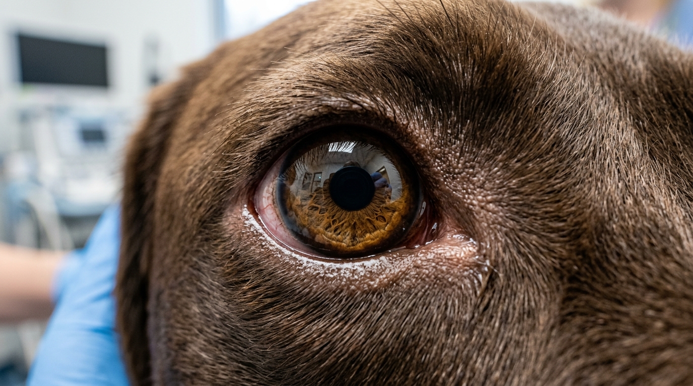 Gros plan sur l'œil d'un chien montrant la pupille dilatée