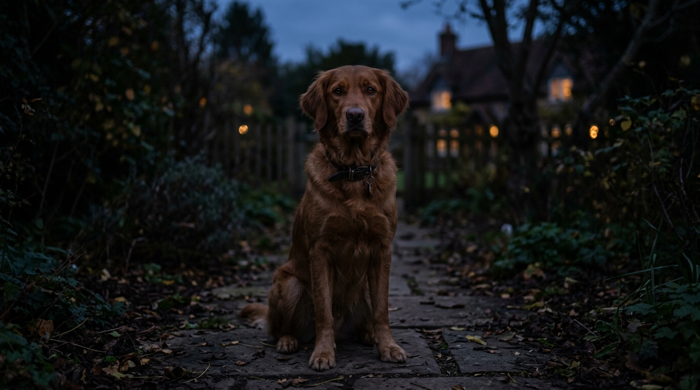 Chien dans la pénombre avec les yeux reflétant légèrement la lumière