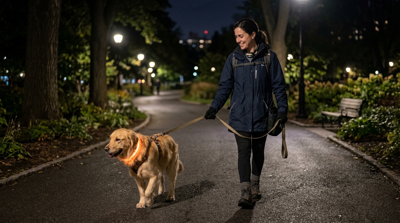 Pet sitter professionnel accompagnant un chien avec un collier lumineux la nuit