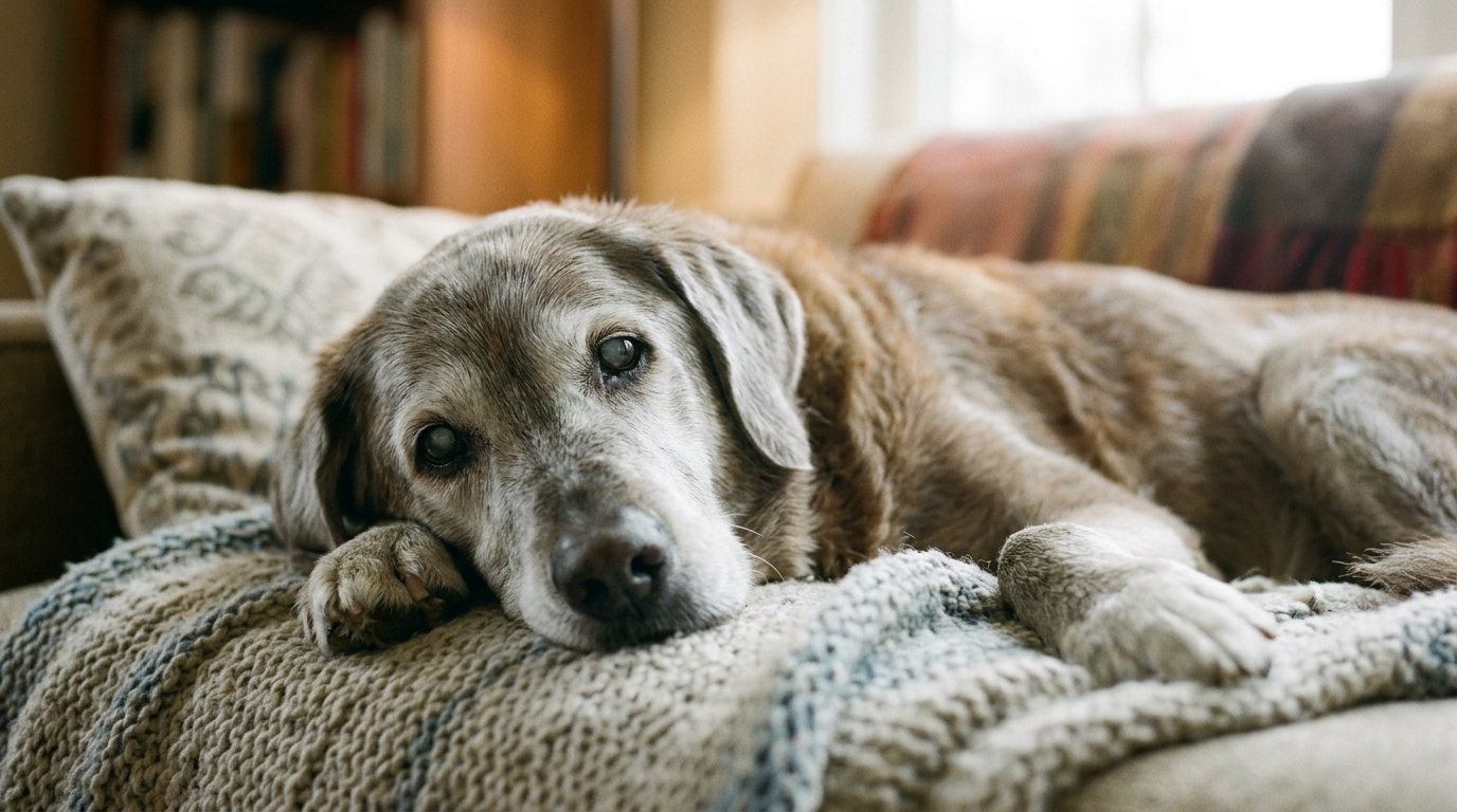 Chien senior au repos avec un regard paisible