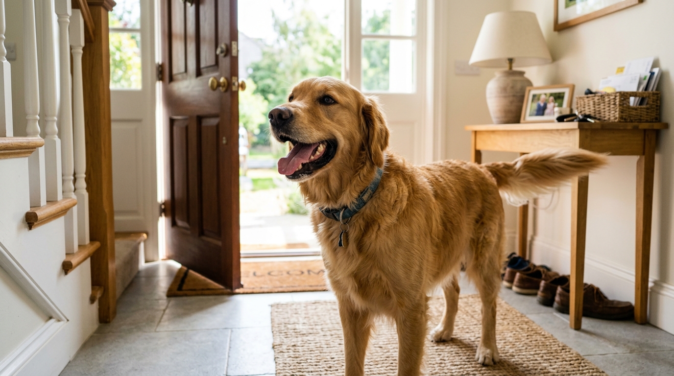 Chien joyeux dans une entrée de maison