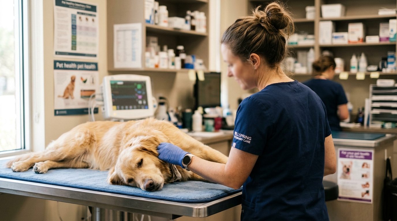 Professionnel animalier rassurant un chien avec bienveillance lors d'un soin.