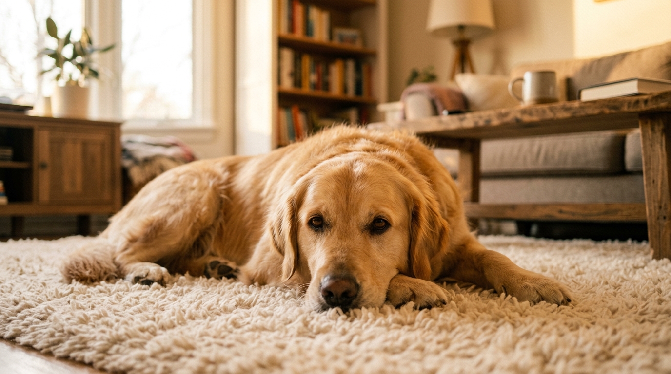 Chien apaisé et détendu couché sur un tapis confortable, regardant sereinement.
