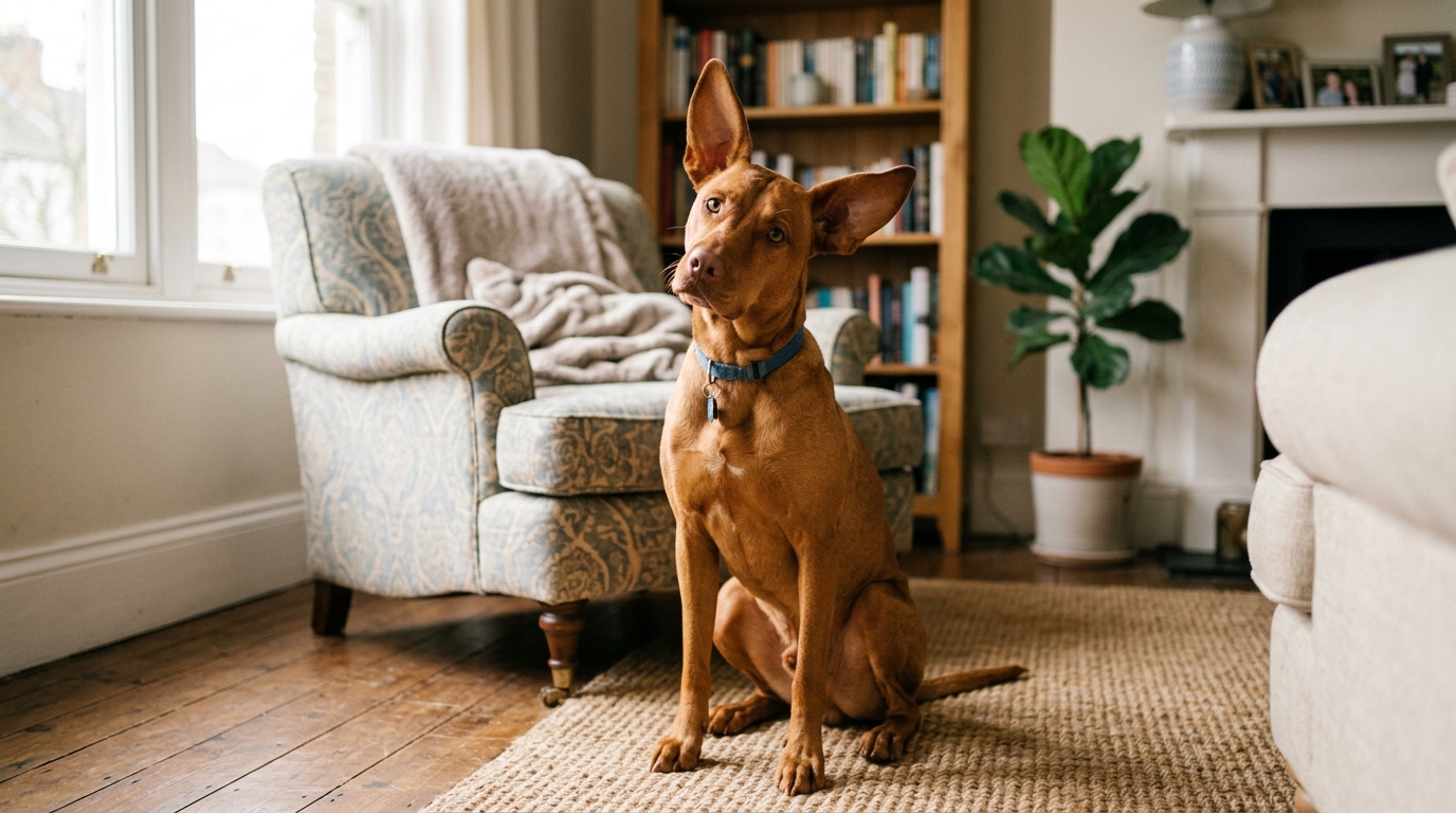 Chien assis communiquant par le langage corporel dans un environnement domestique.