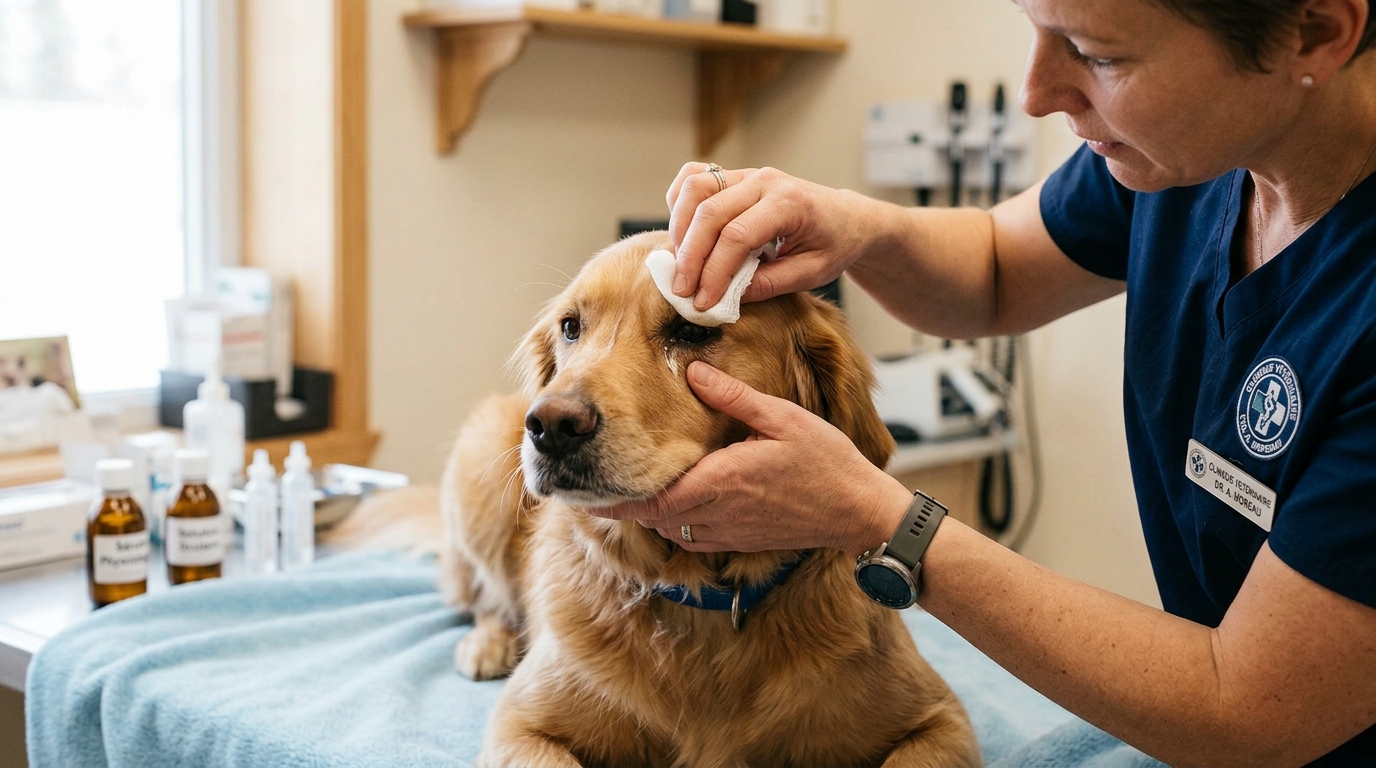 Professionnel animalier nettoyant délicatement les yeux d'un chien.
