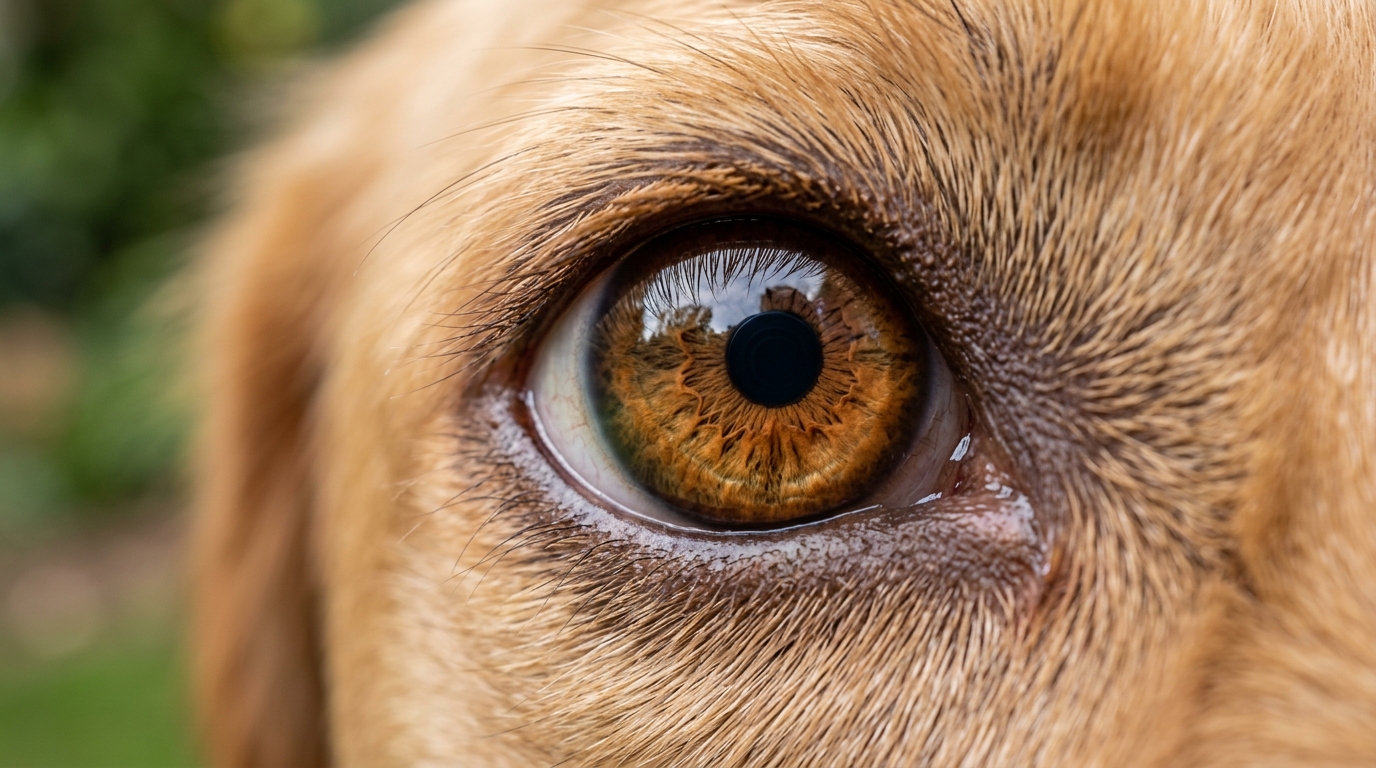 Gros plan sur l'œil sain d'un chien montrant les détails de l'iris.