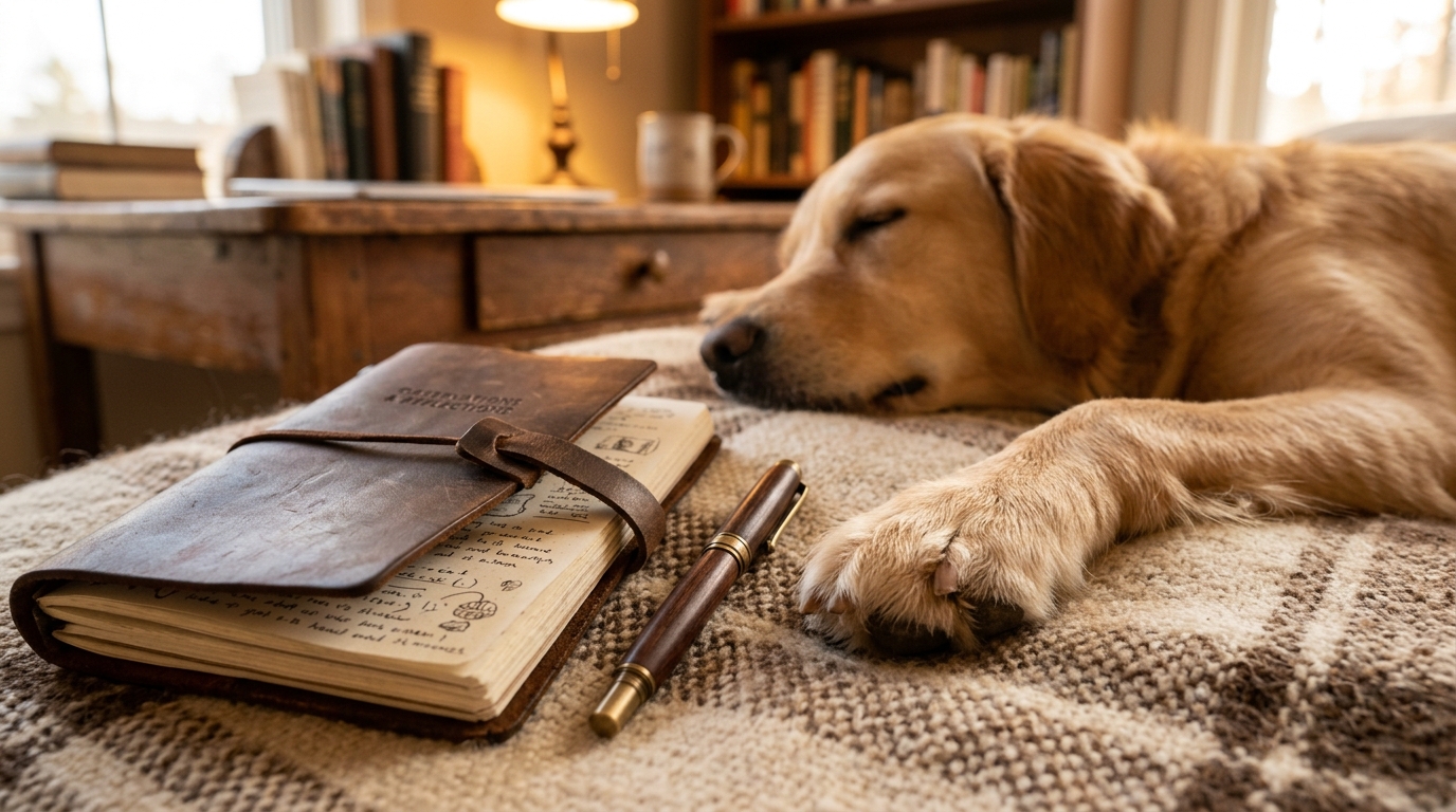 Un carnet en cuir élégant posé à côté de la patte d'un chien qui dort paisiblement, symbolisant l'étude, le soin et la bienveillance.
