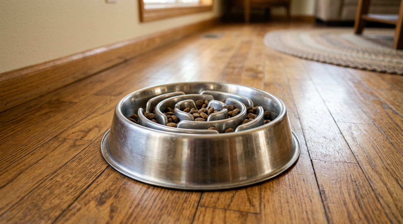 Une gamelle anti-glouton métallique propre posée sur un sol en bois clair, avec quelques croquettes de haute qualité.