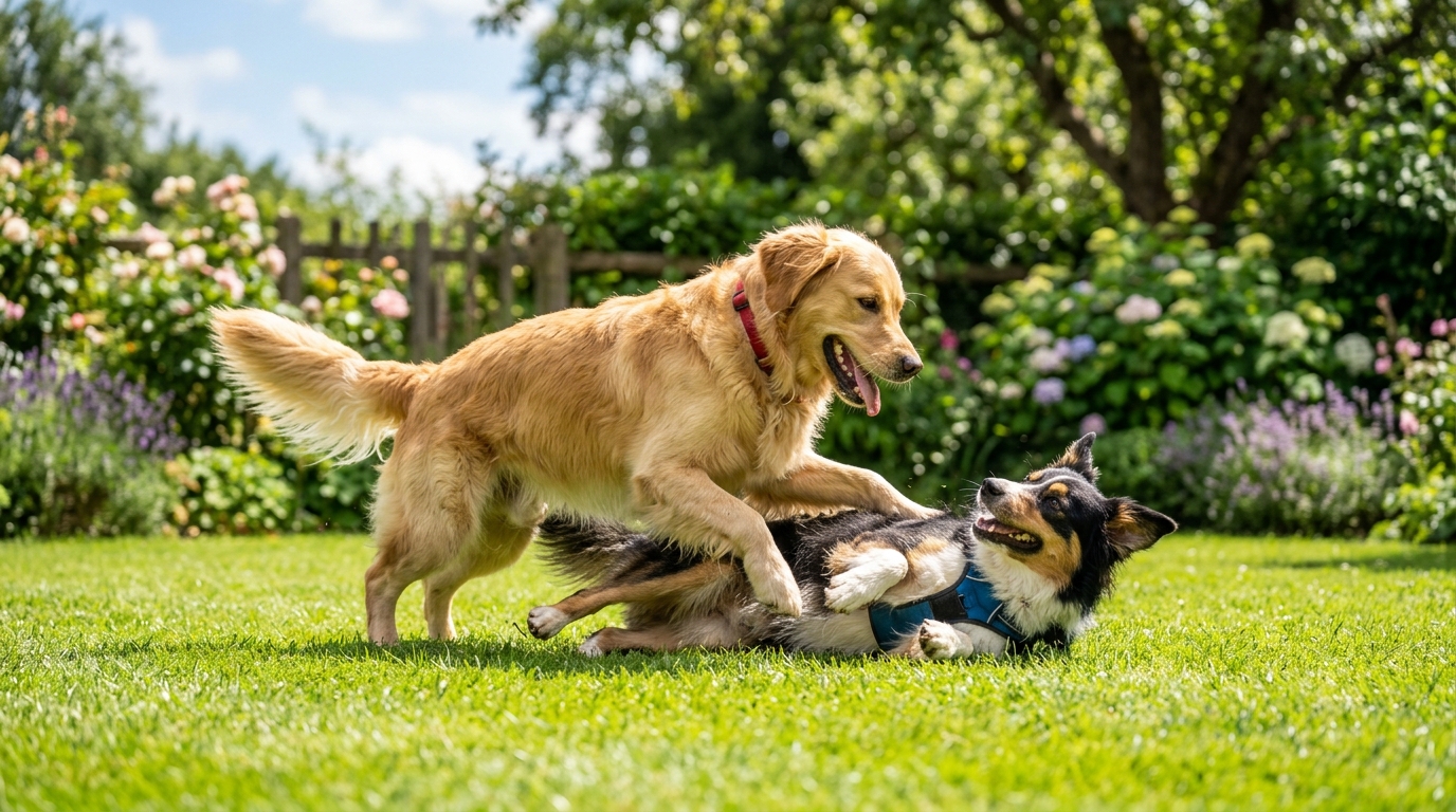 Deux chiens jouant ensemble dans un jardin