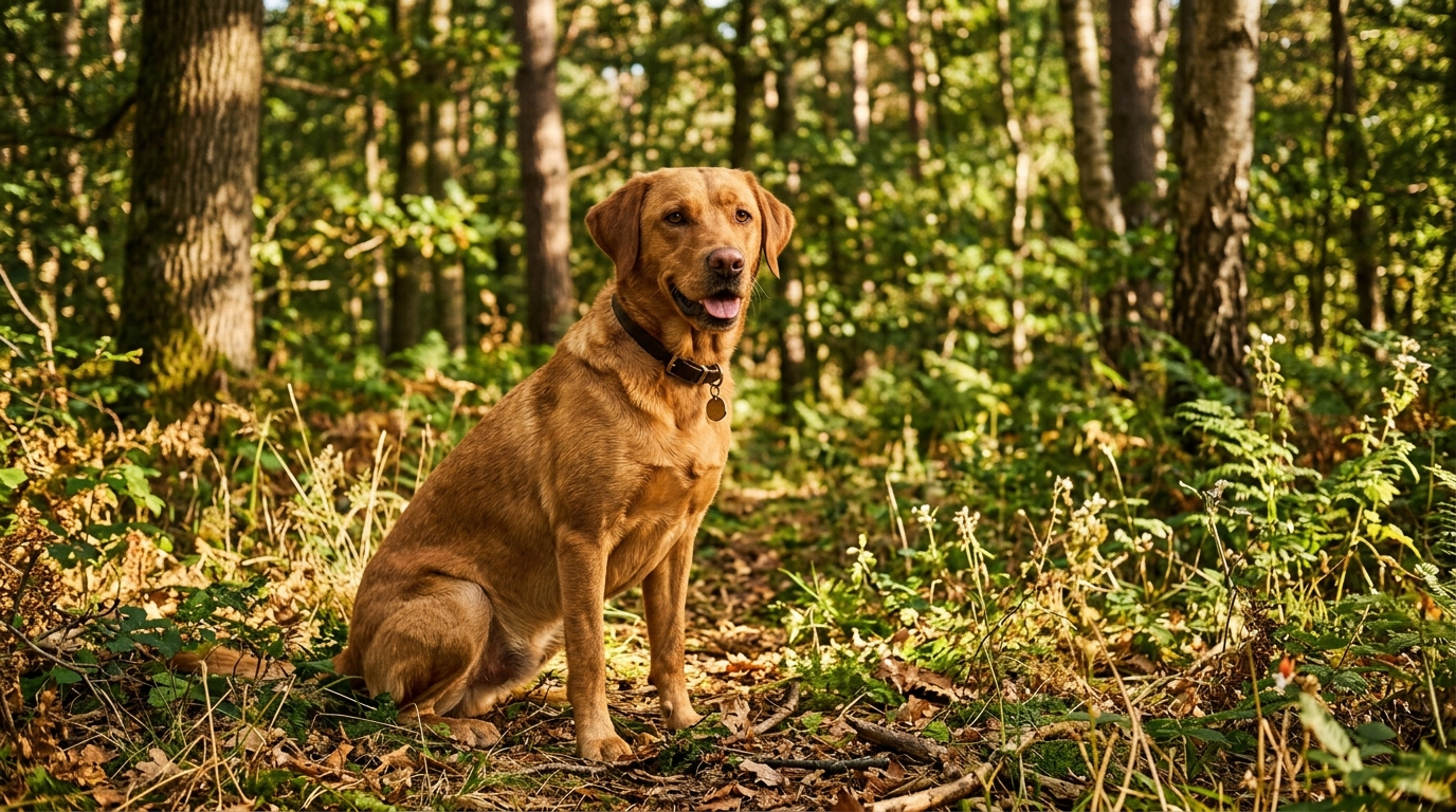 Chien en bonne santé se promenant dans une forêt lumineuse