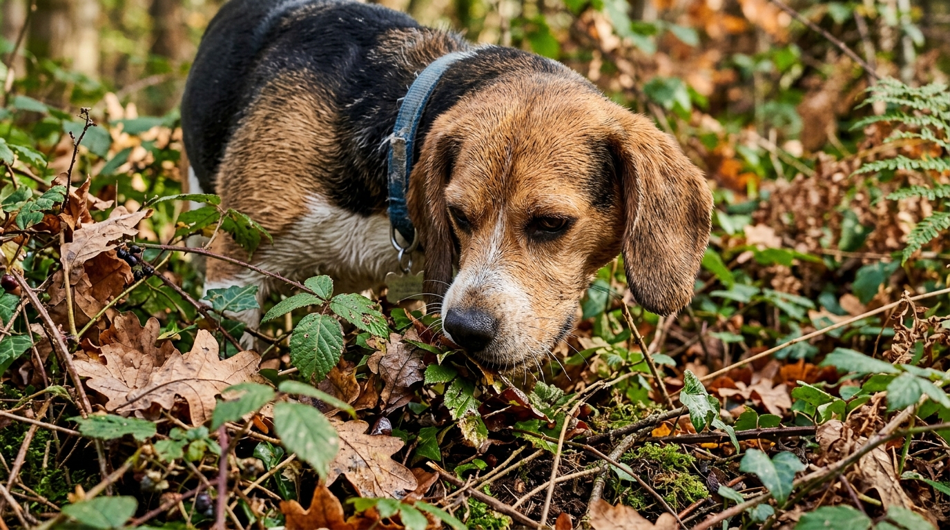 Chien reniflant un buisson dans la nature