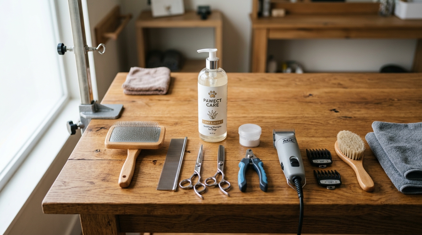 Matériel de toilettage canin professionnel disposé sur une table en bois