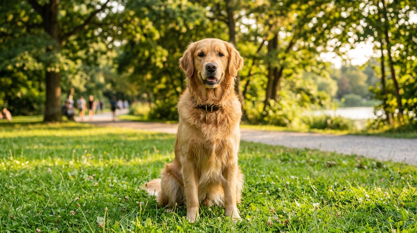 Chien adulte en bonne santé assis dans l'herbe au soleil