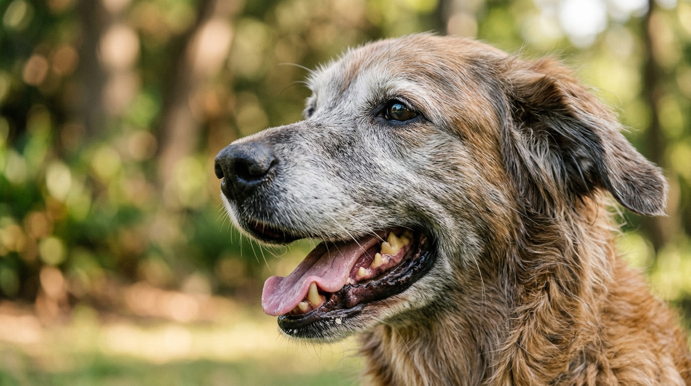 Gros plan sur un chien senior heureux montrant ses dents et son pelage grisonnant