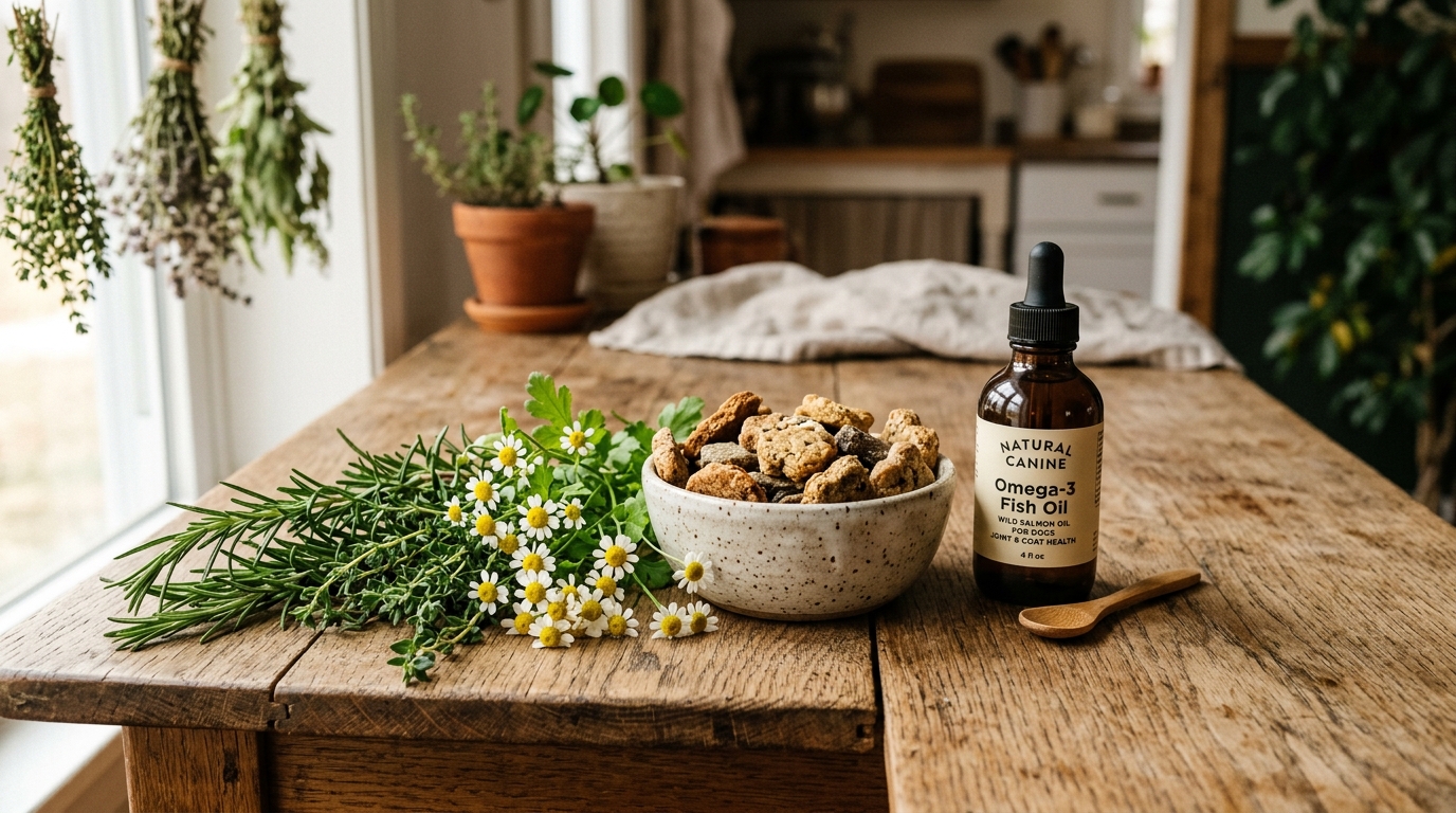 Bol de friandises naturelles pour chien entouré de plantes et d'herbes