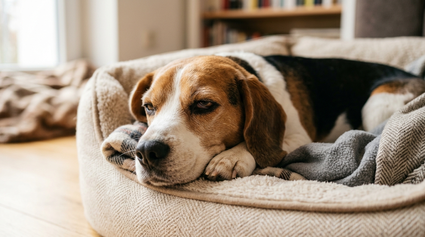 Un chien fatigué couché dans son panier, regardant de manière apathique