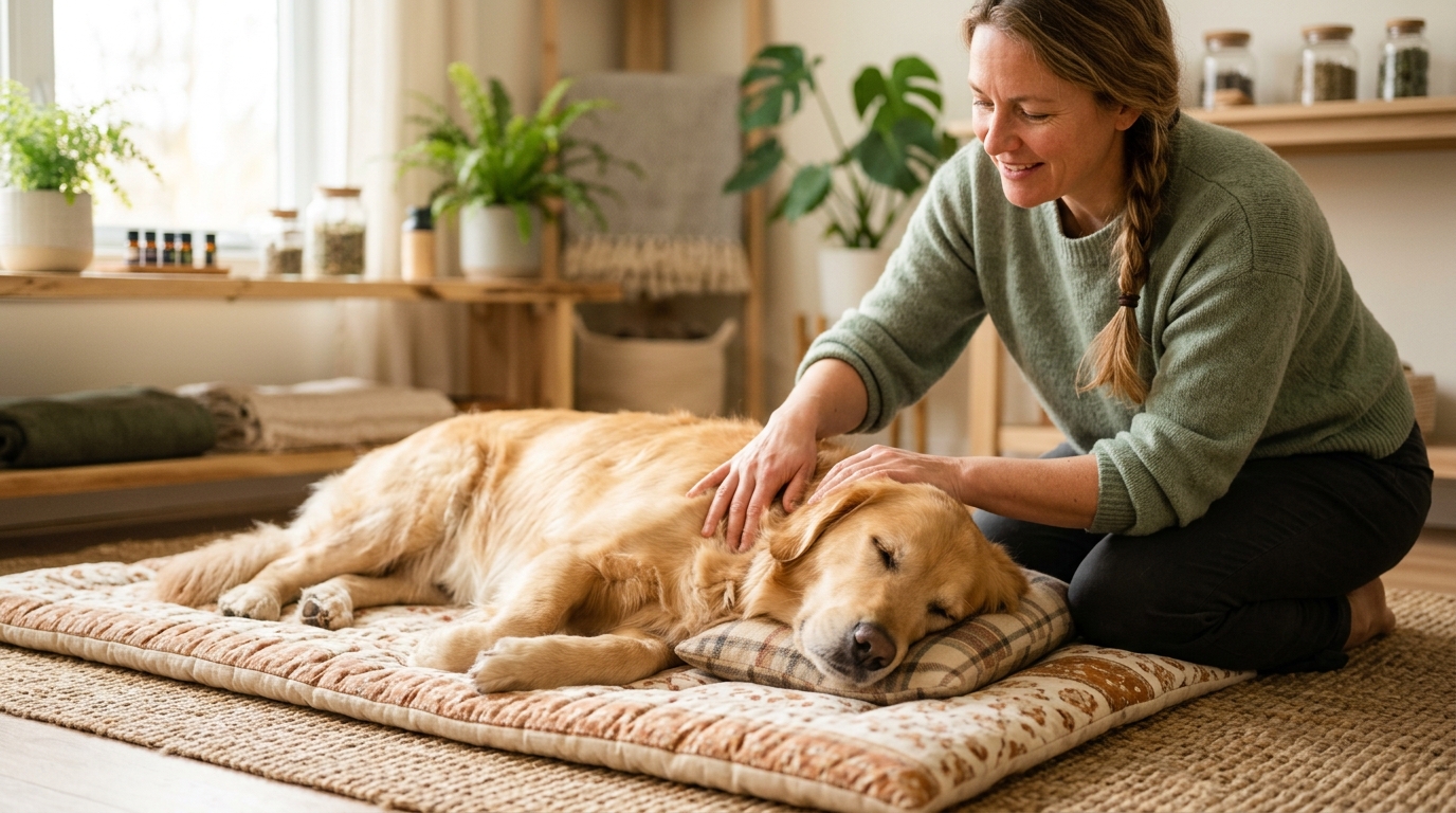 Un professionnel animalier effectuant un massage canin relaxant sur un chien apaisé.