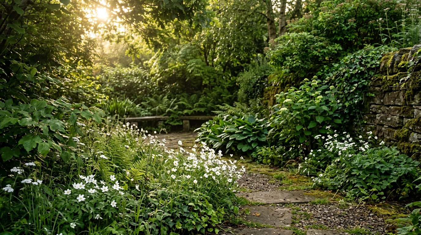 Un coin de jardin paisible avec des fleurs sauvages et une douce lumière matinale, symbolisant le repos et la tranquillité.