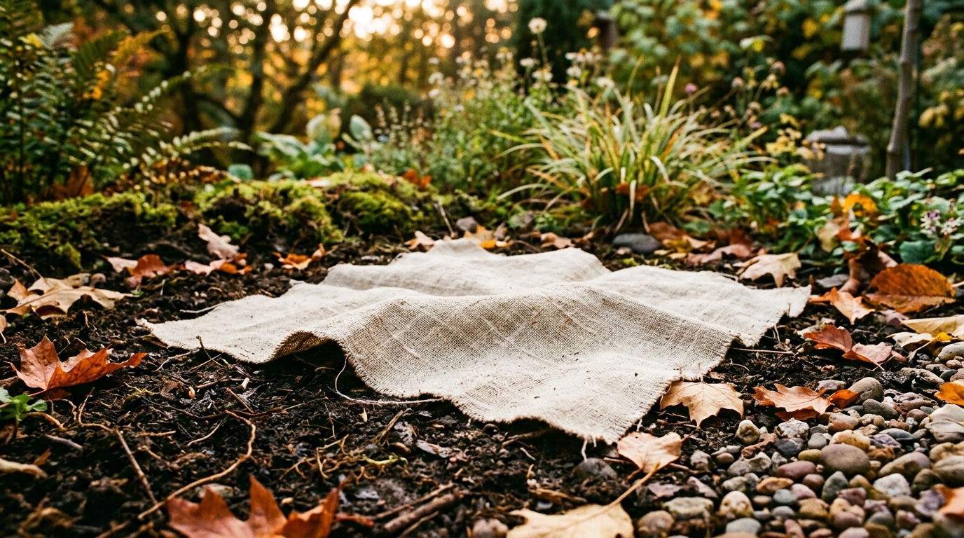 Un linge en lin écru posé délicatement sur une terre de jardin douce.