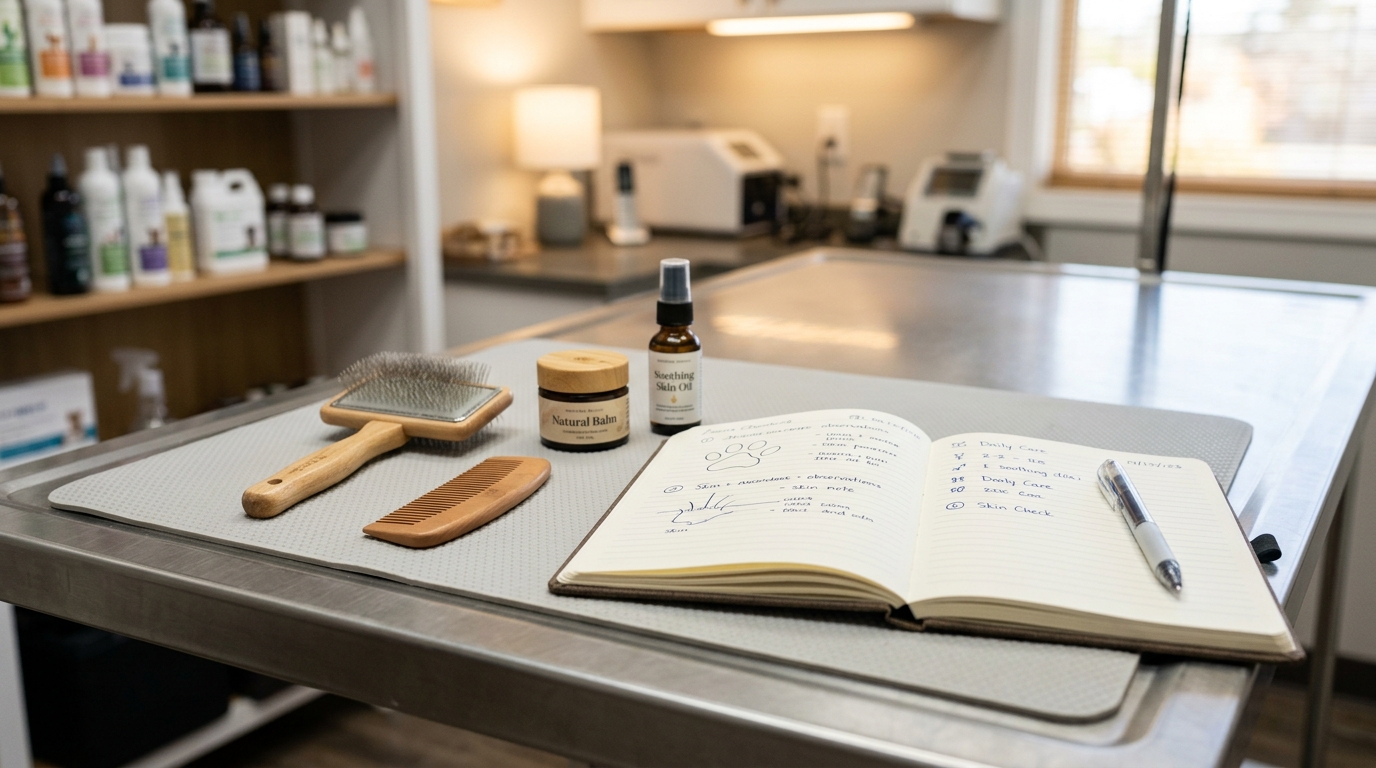 Matériel de soins animaliers posé avec soin près d'un carnet de notes.