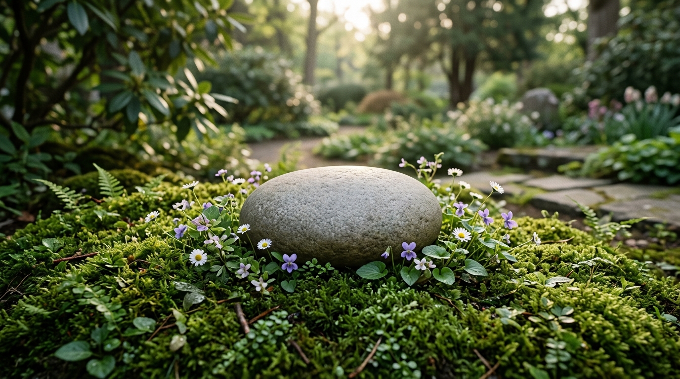 Pierre commémorative gravée entourée de mousse et de petites fleurs.