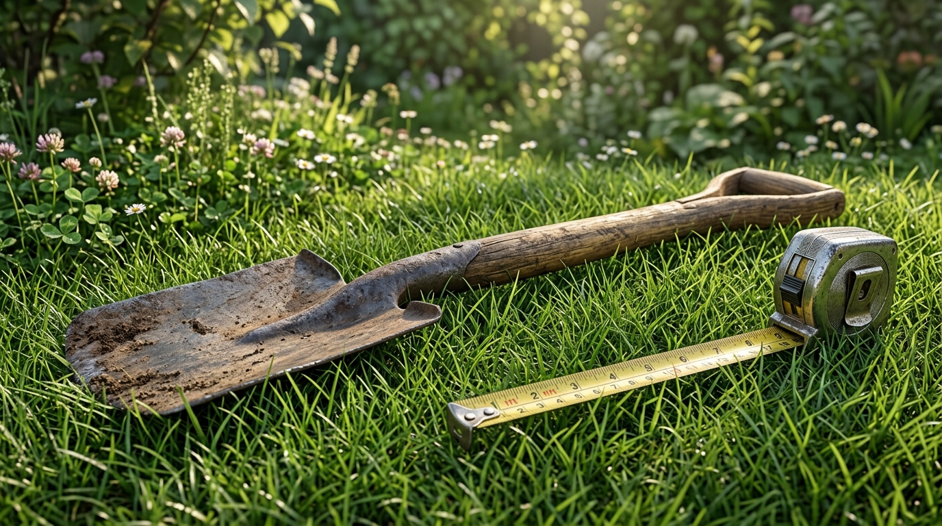 Outils de jardinage anciens et ruban à mesurer posés sur une pelouse verte.