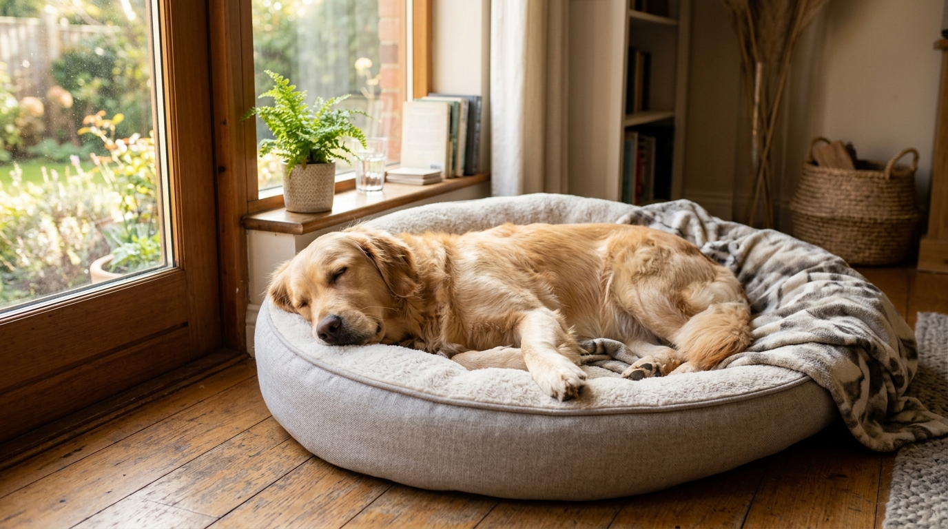 Chienne Golden Retriever calme et apaisée couchée dans son panier douillet