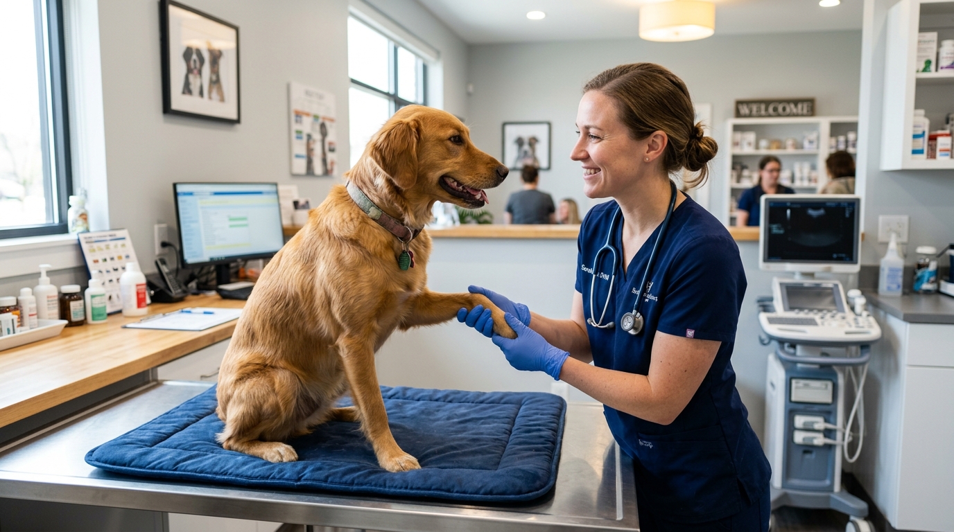 Vétérinaire bienveillant examinant doucement une chienne calme sur une table de consultation