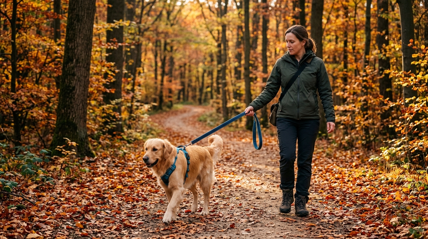 Pet sitter promenant un chien en laisse dans un parc forestier calme et sécurisé
