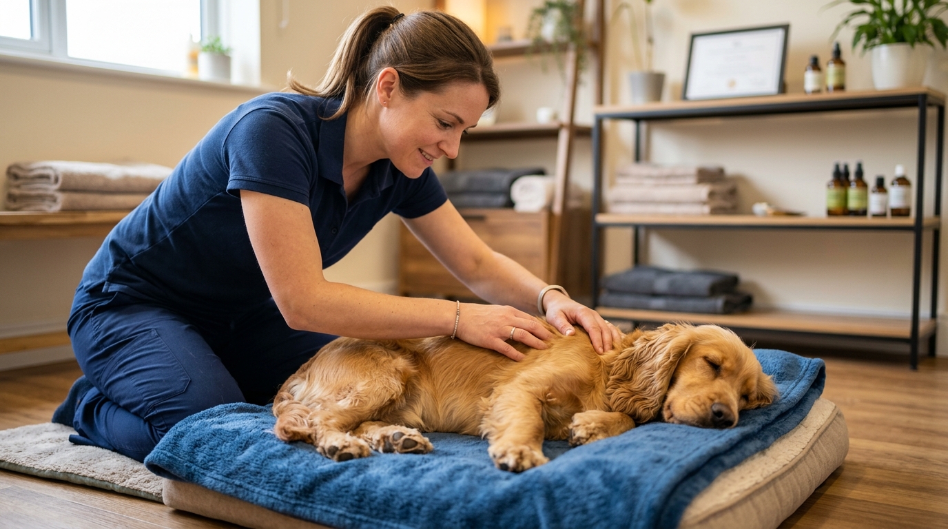 Masseur canin professionnel effectuant un massage doux sur le dos d'une chienne Cocker Spaniel détendue