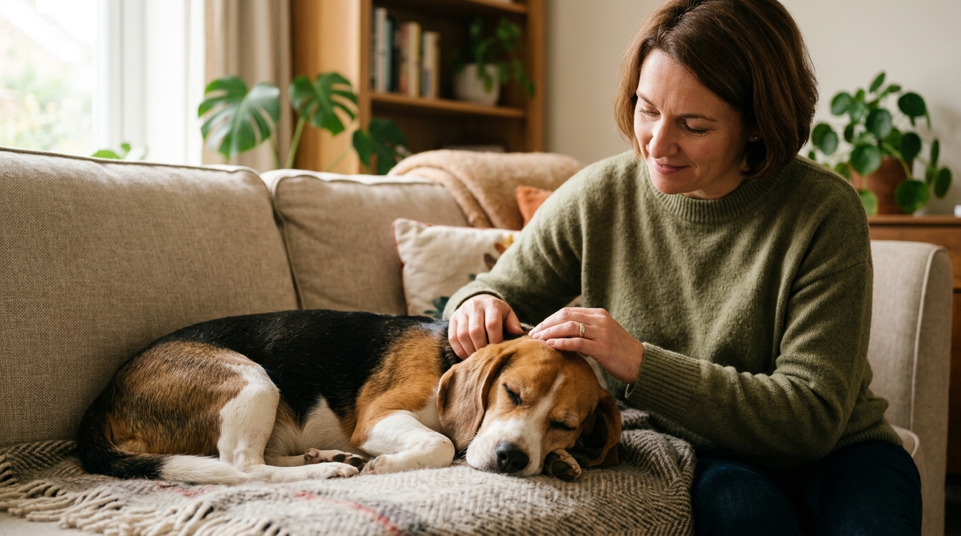 Propriétaire caressant doucement la tête de sa chienne au repos
