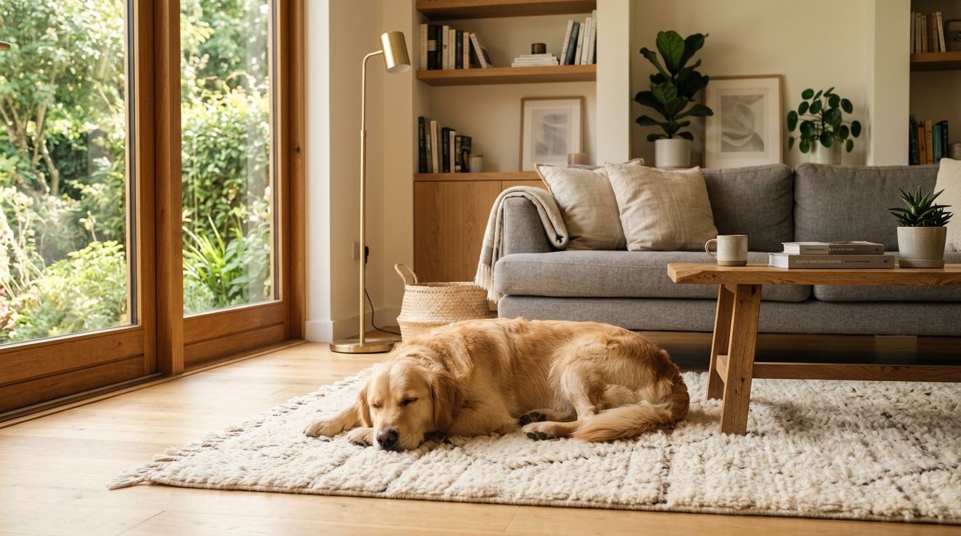 Chien calme reposant dans un salon lumineux