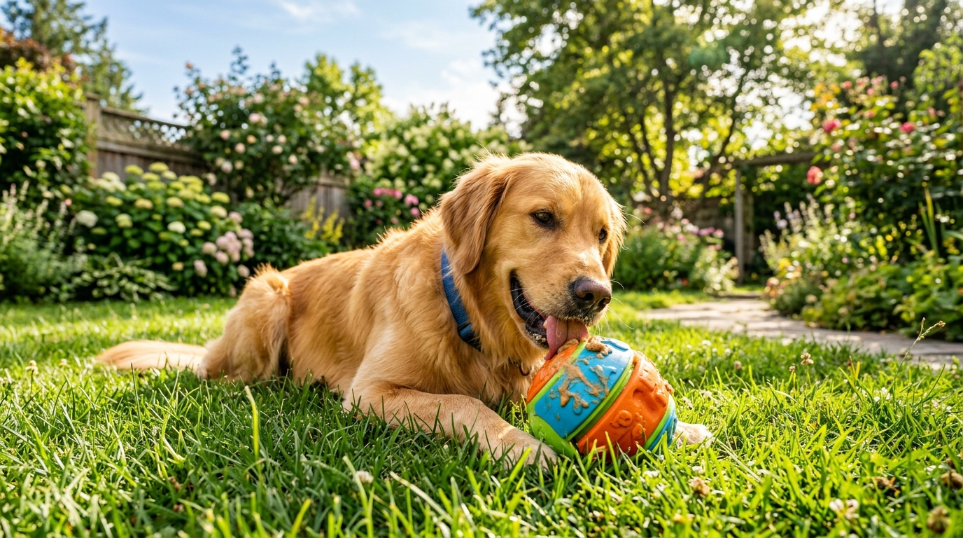 Chien utilisant un jouet d'occupation dans le jardin
