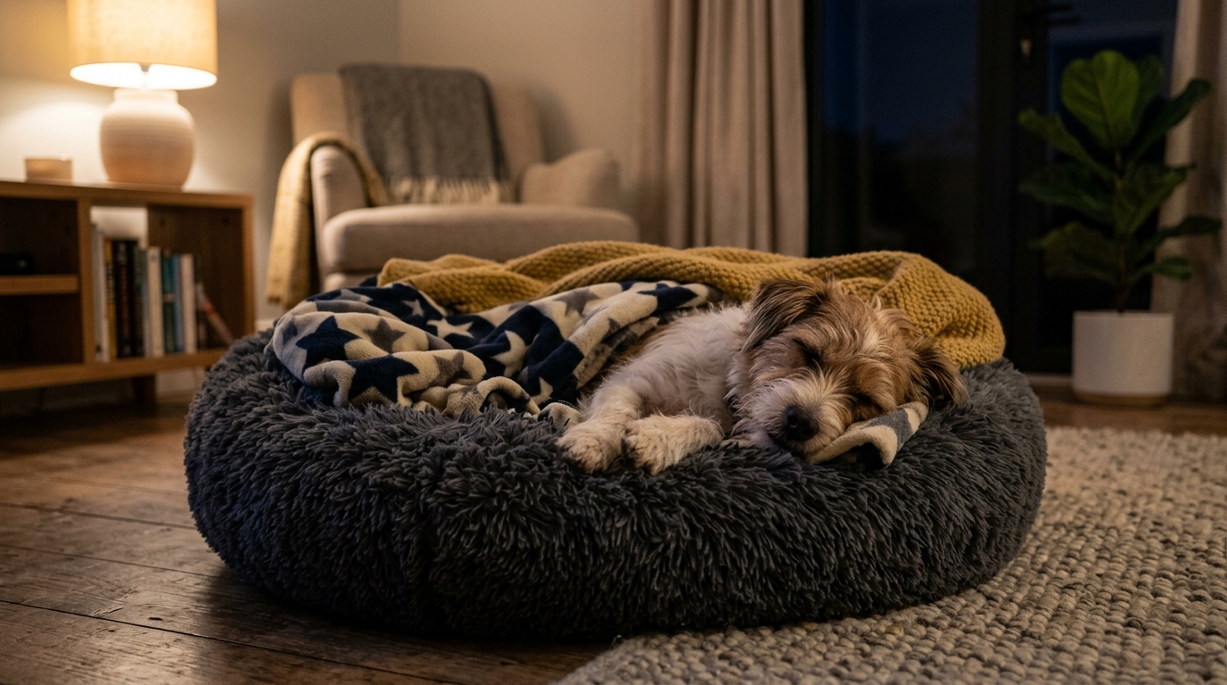 Chien dormant paisiblement dans son panier sécurisant