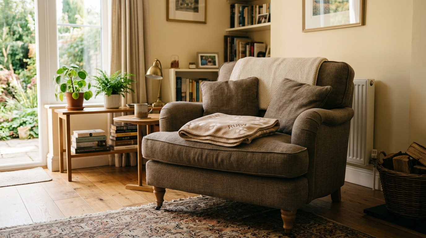Petite couverture pour chien pliée sur un fauteuil