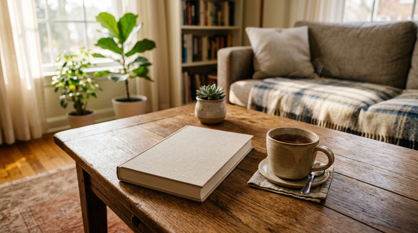 Livre de réconfort et tasse de thé sur une table