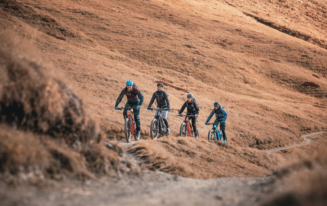 Four riders on an undulating single track trail in the Haute Route