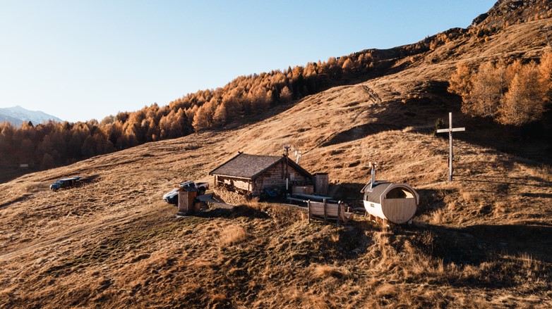Aerial view of the Moosalp Mountain Hut