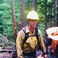 Firefighter in yellow gear standing beside a large fallen tree in a forested area.