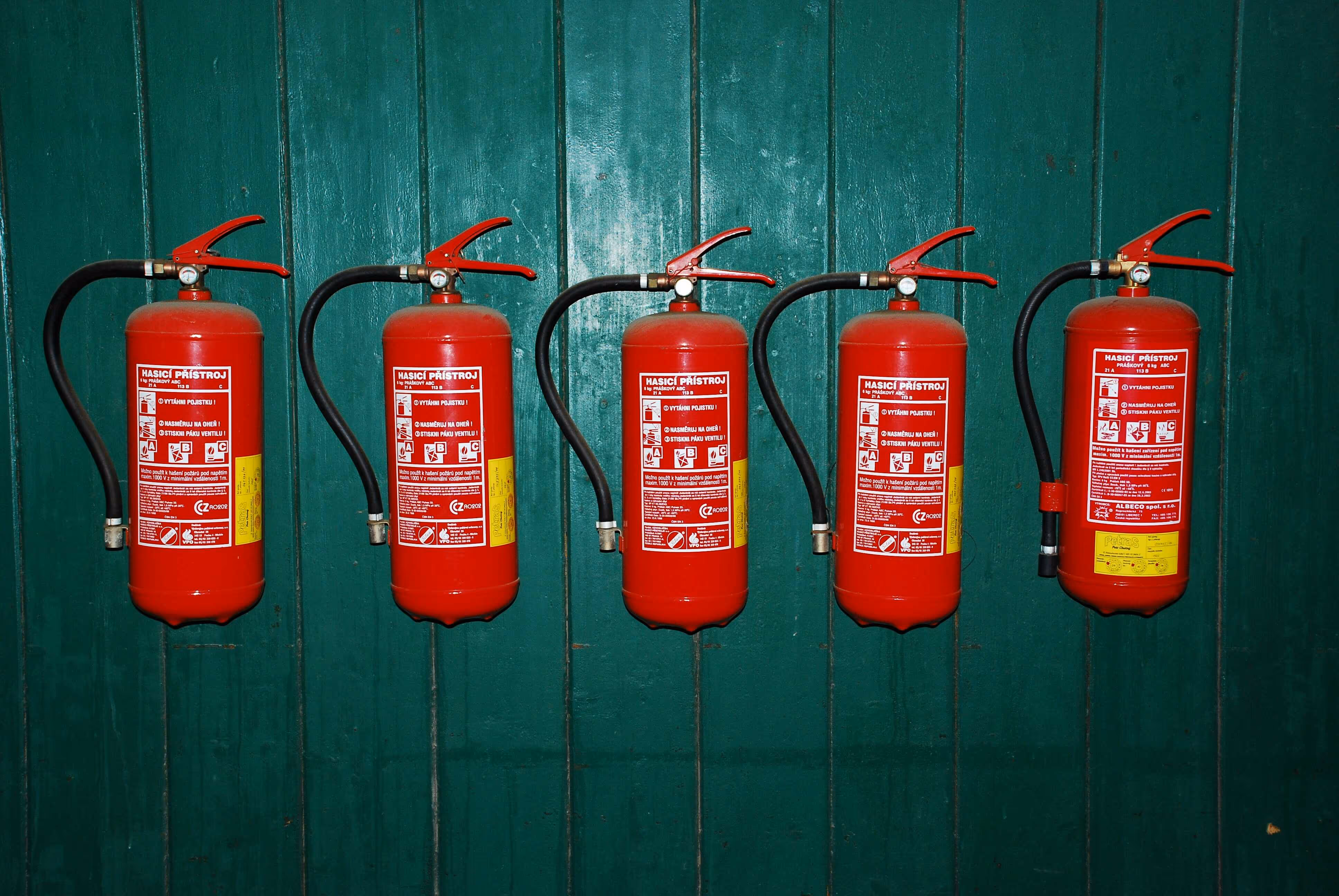 Row of five red fire extinguishers mounted on a green wooden wall.