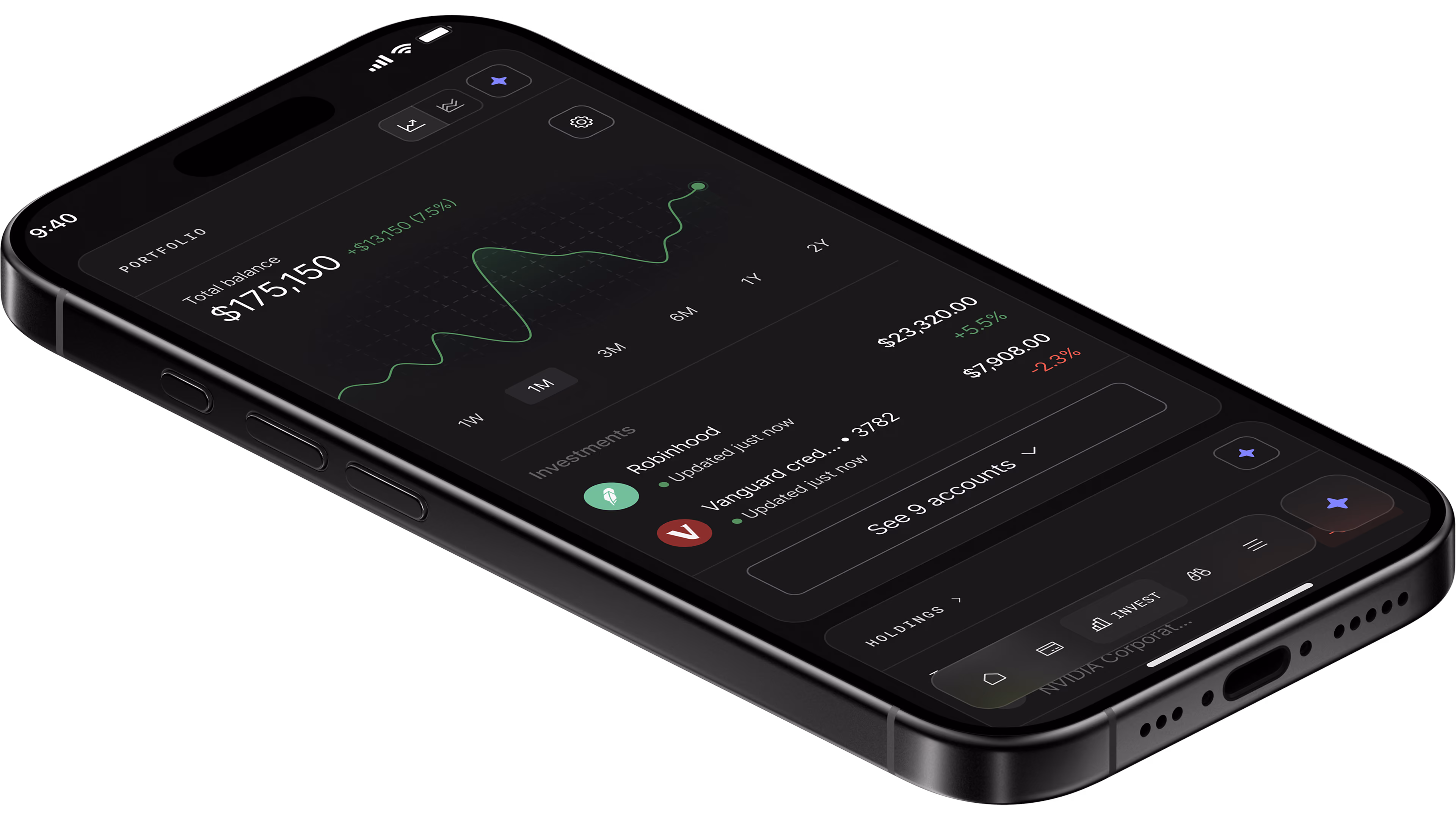 Smartphone showing a portfolio screen with a $175,150 balance and investment performance charts.