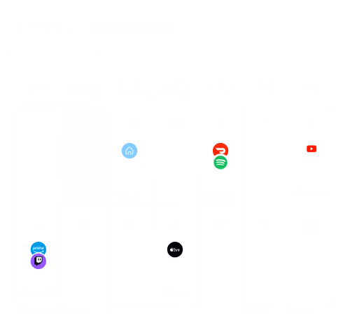Calendar showing upcoming transactions with icons and amounts on various dates.
