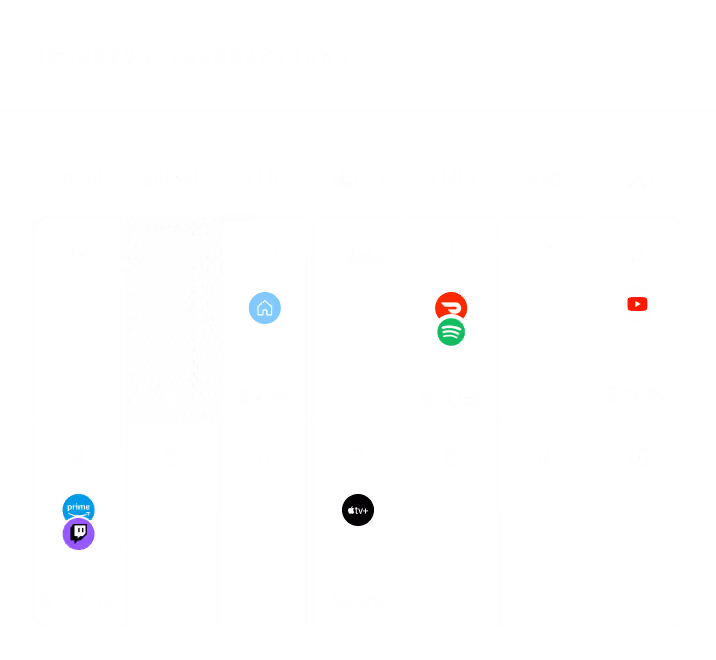 Calendar showing upcoming transactions with icons and amounts on various dates.
