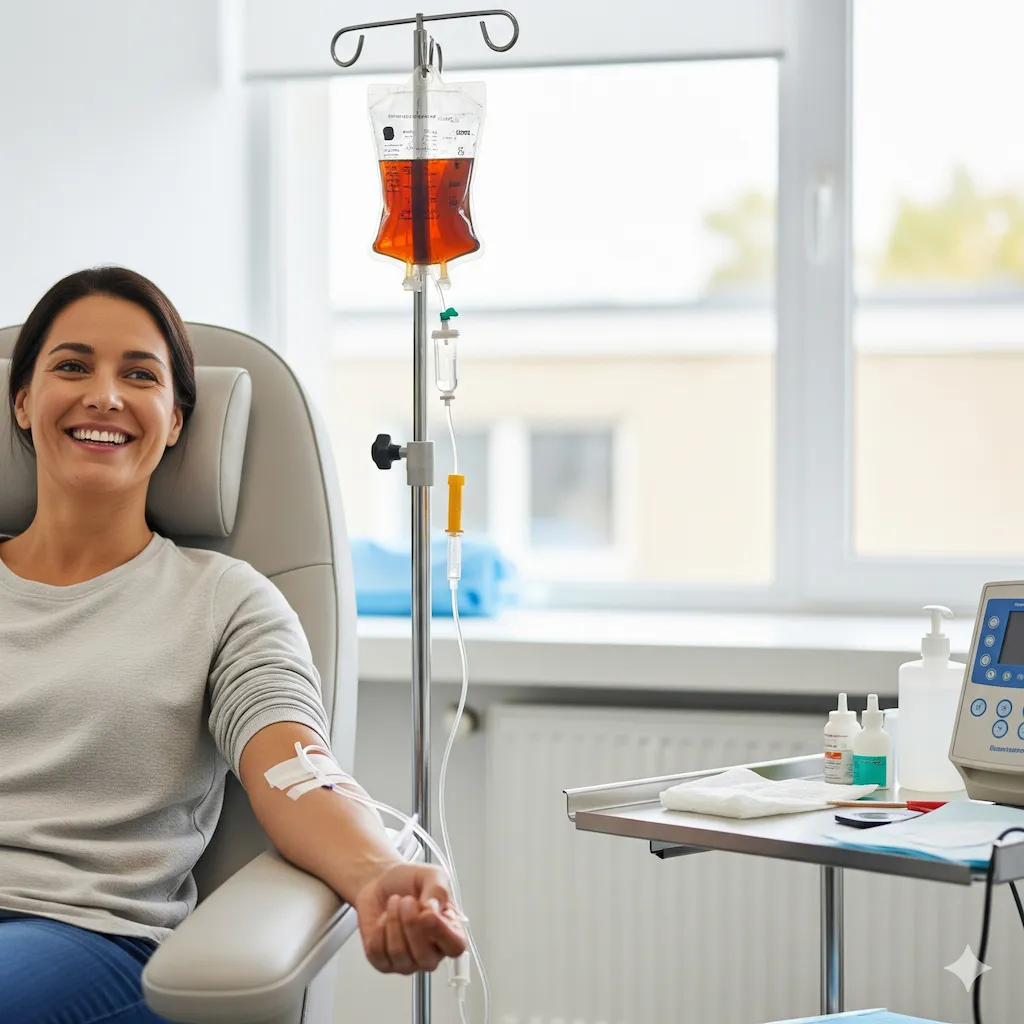 A woman getting an iron infusion, looking happy and healthy