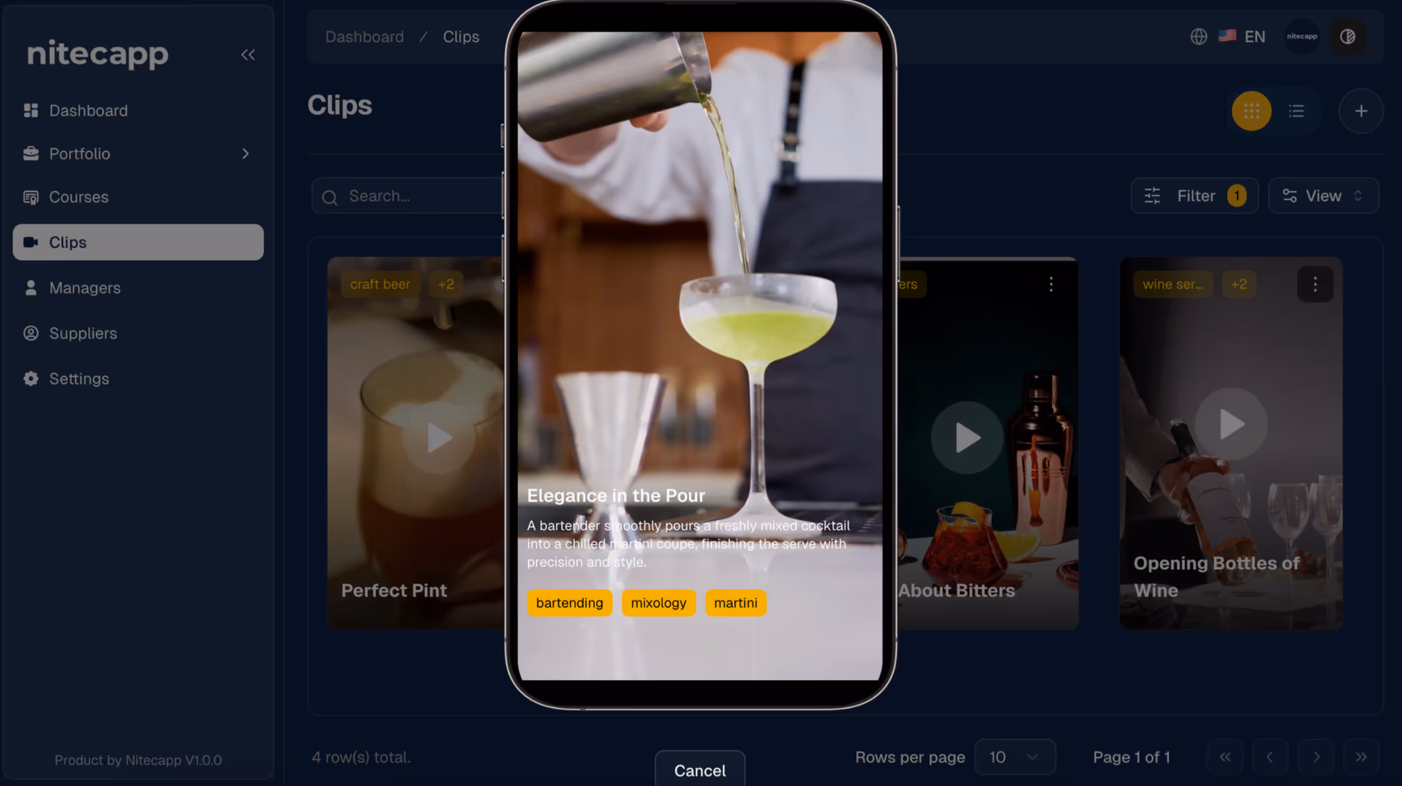 Dashboard interface showing a portfolio section with three spirit brands: Snowcap Vodka, Nordic Aquavit, and Evergreen Gin.