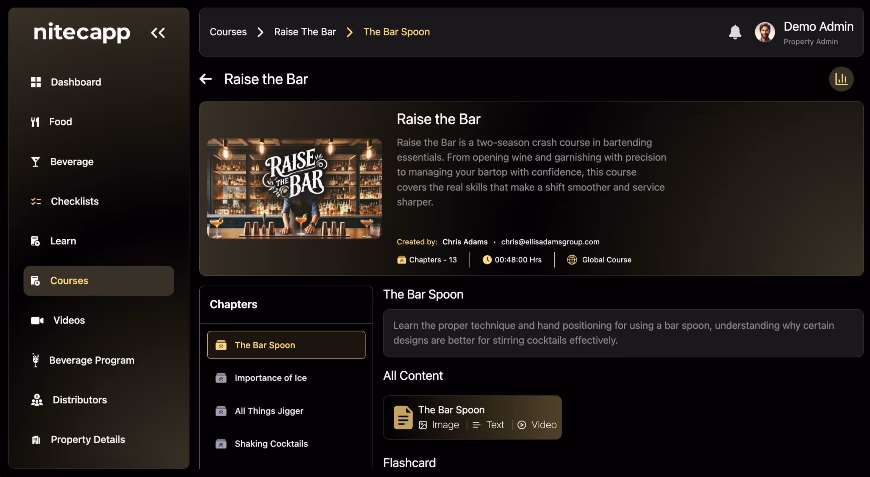 Dashboard of Nitecapp app showing video management with thumbnails for 'Opening Wine,' 'Espresso Martini,' and 'Pouring Beer' including play buttons.