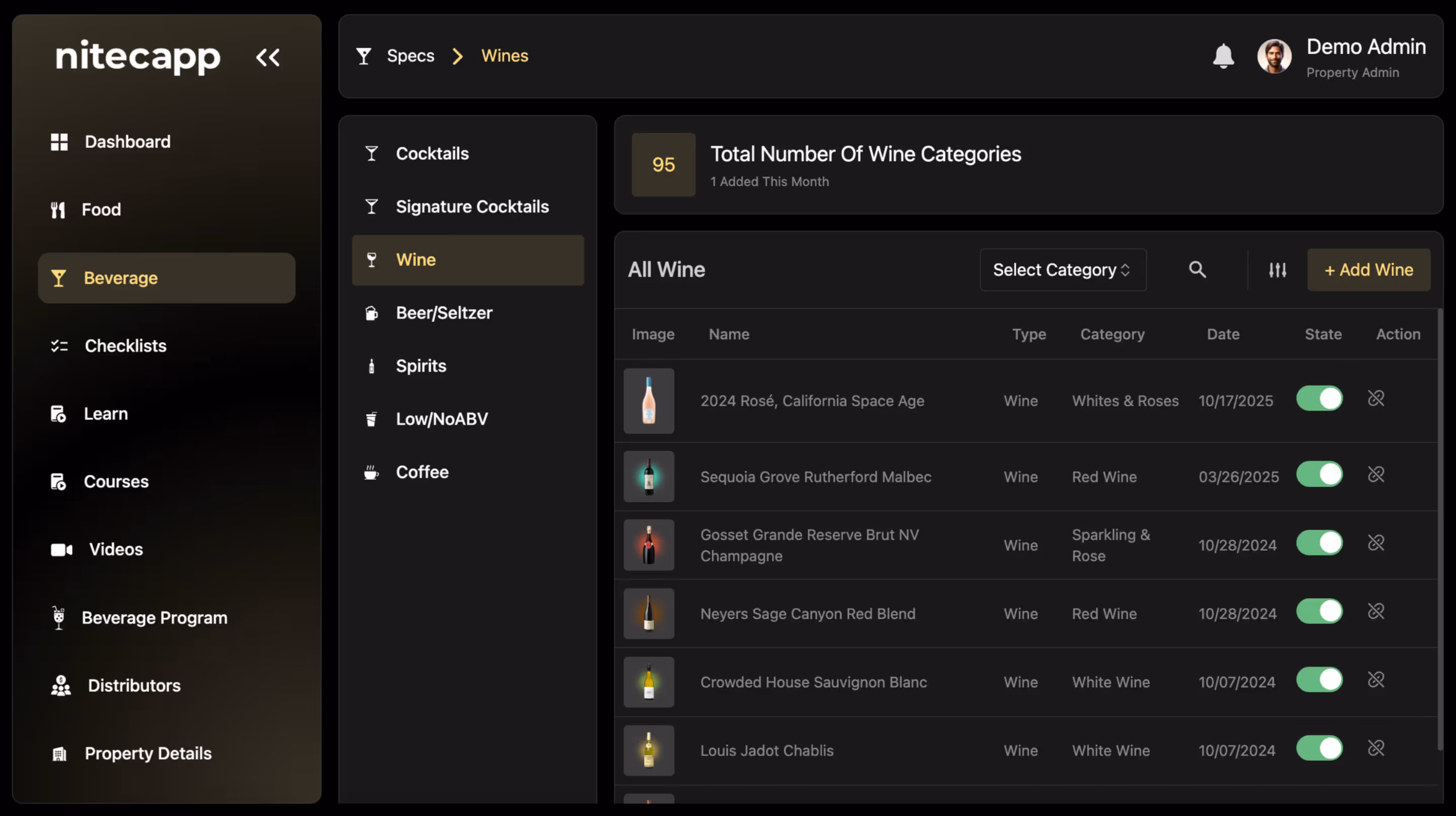 Dashboard of Nitecapp app showing video management with thumbnails for 'Opening Wine,' 'Espresso Martini,' and 'Pouring Beer' including play buttons.