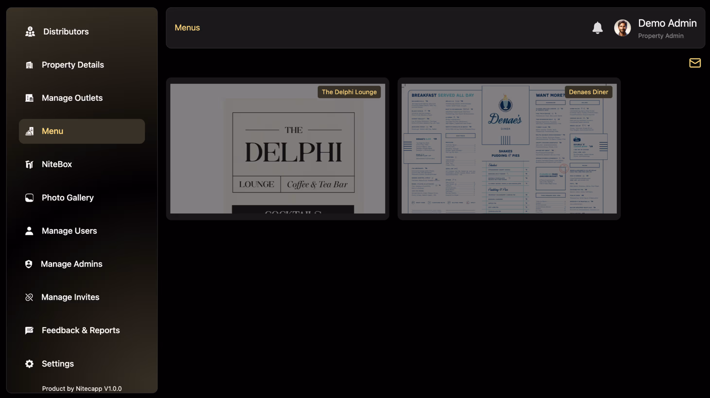 Dashboard of Nitecapp app showing video management with thumbnails for 'Opening Wine,' 'Espresso Martini,' and 'Pouring Beer' including play buttons.