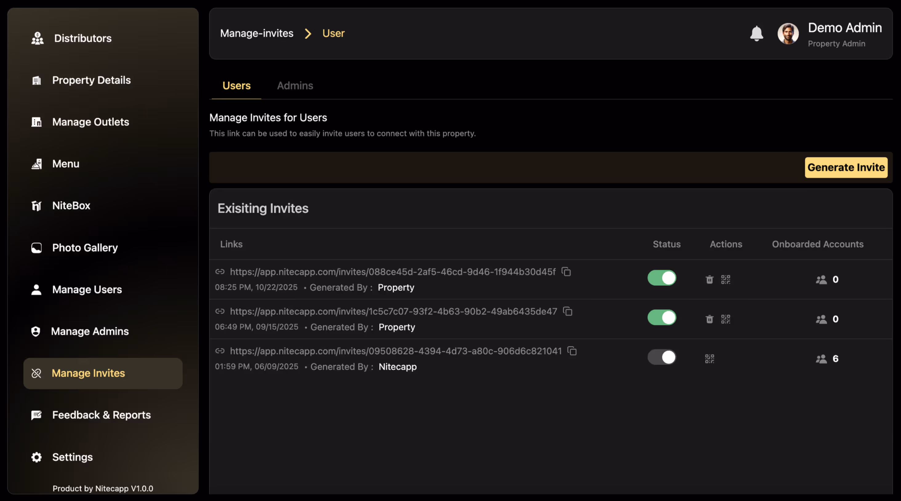Dashboard of Nitecapp app showing video management with thumbnails for 'Opening Wine,' 'Espresso Martini,' and 'Pouring Beer' including play buttons.