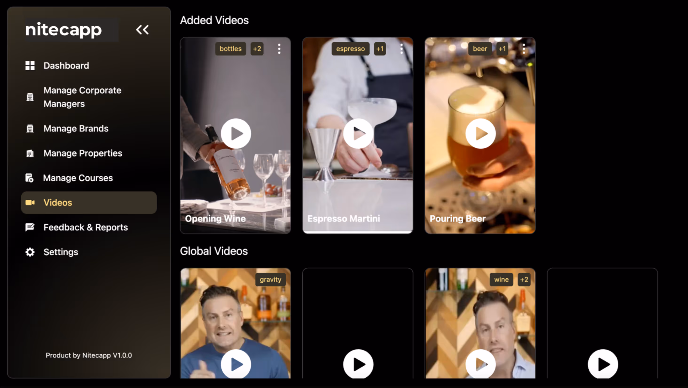 Dashboard interface of Nitecapp app showing video thumbnails for Opening Wine, Espresso Martini, Pouring Beer, and global videos with play icons.